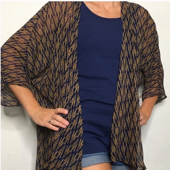 Lularoe Lindsay kimono blue gold wheat chiffon - Picture 2 of 14